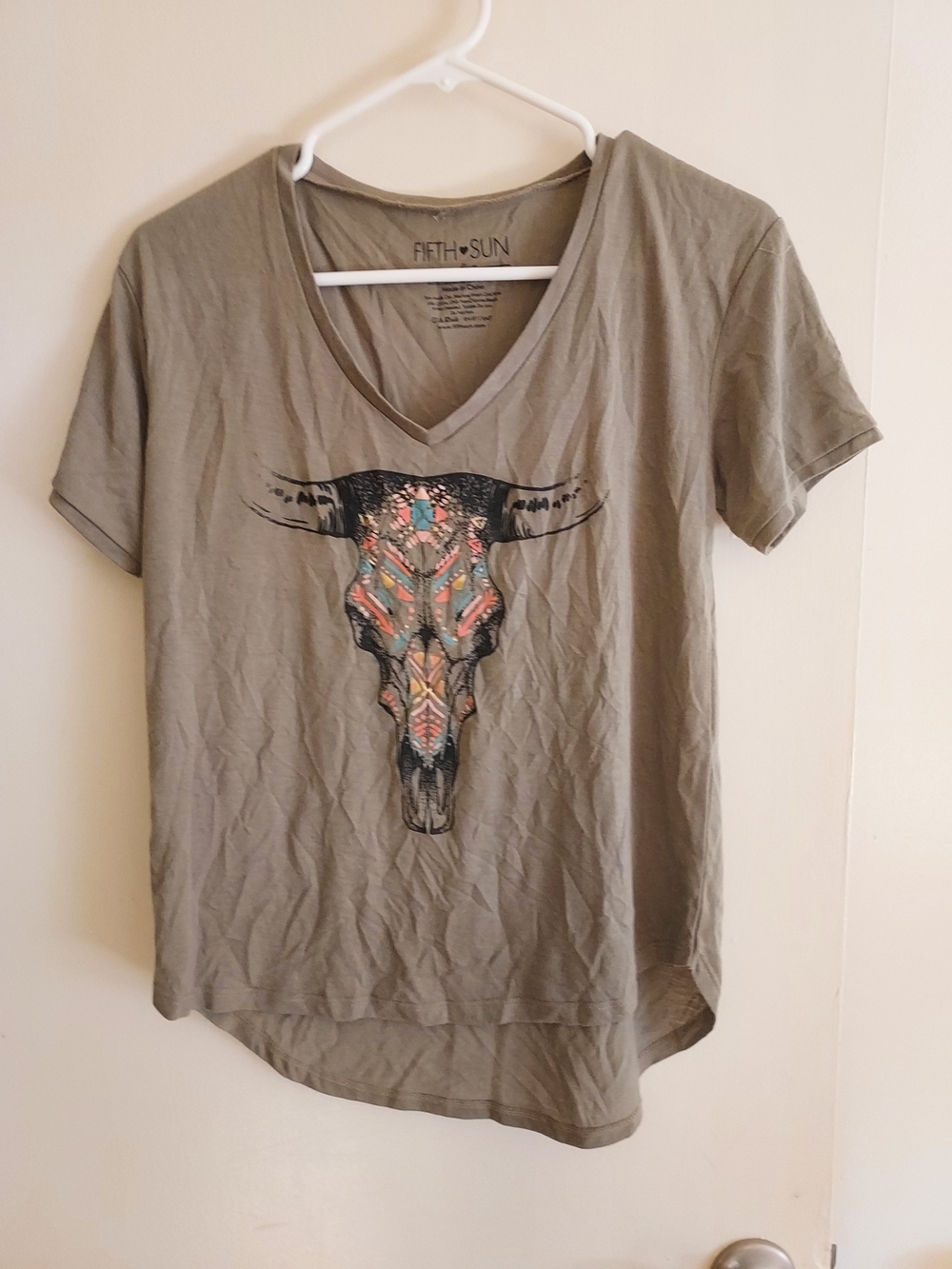Fifth Sun Olive Short Sleeve V-Neck Tee with Colorful Bull Skull